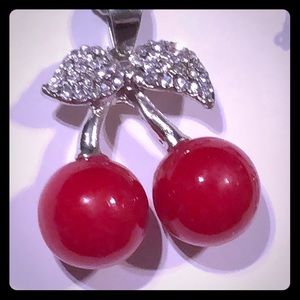 🌺 Cherries Crystals Silver Tone Necklace